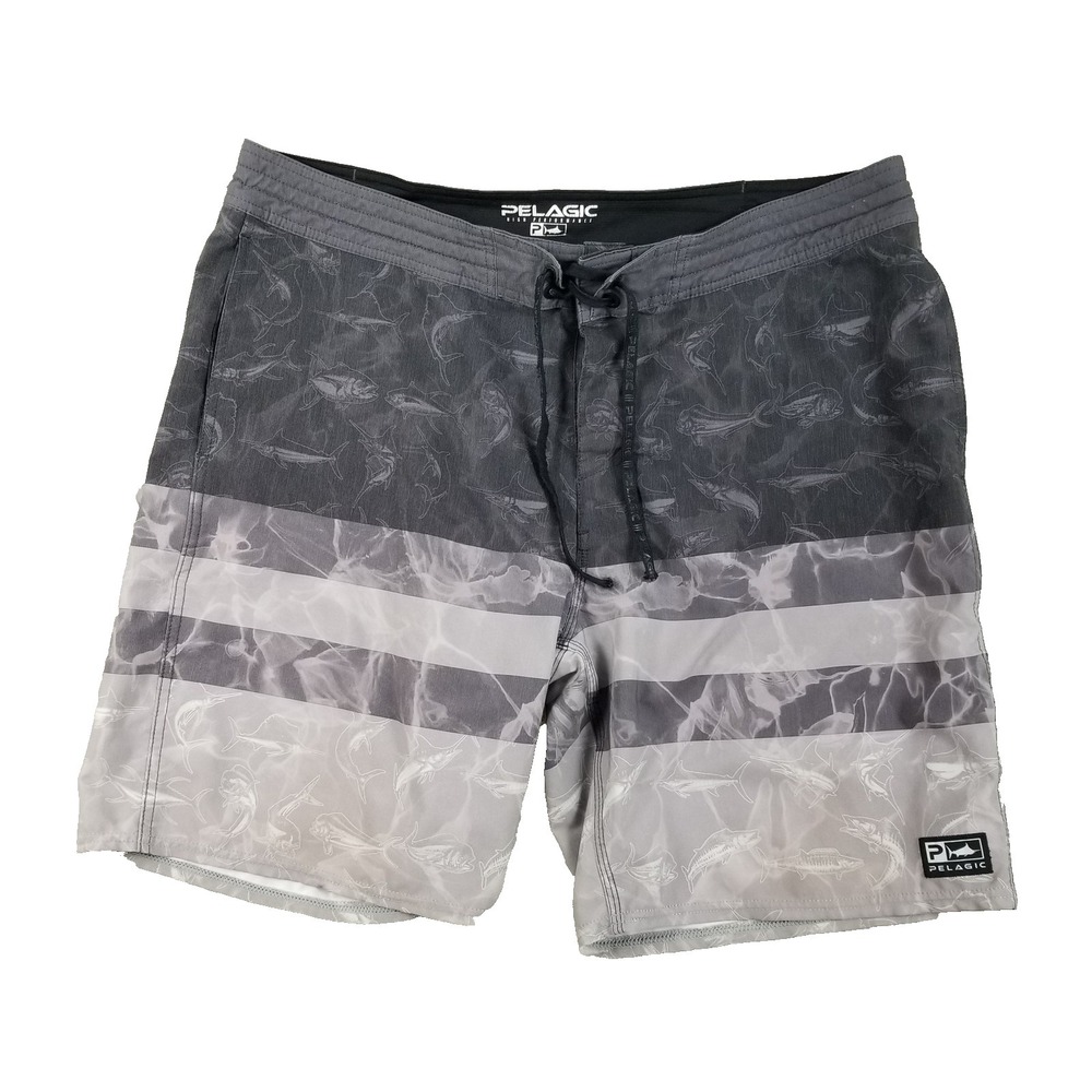 Pelagic Board Shorts Mens Large Fish Print Striped Swim Trunks Fishing Beach
